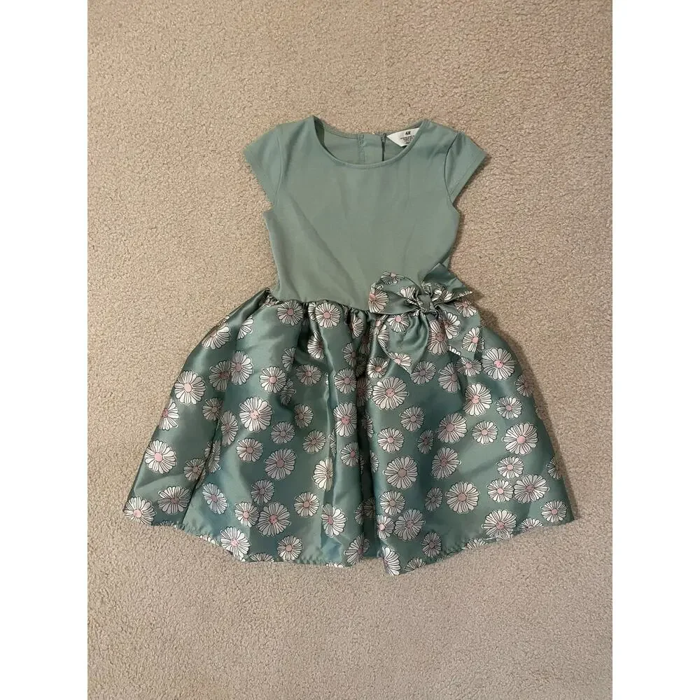 H&M Girls Green Floral Fit & Flare Dress Size 6X/7 6/7 Formal Daisy *Small Flaw